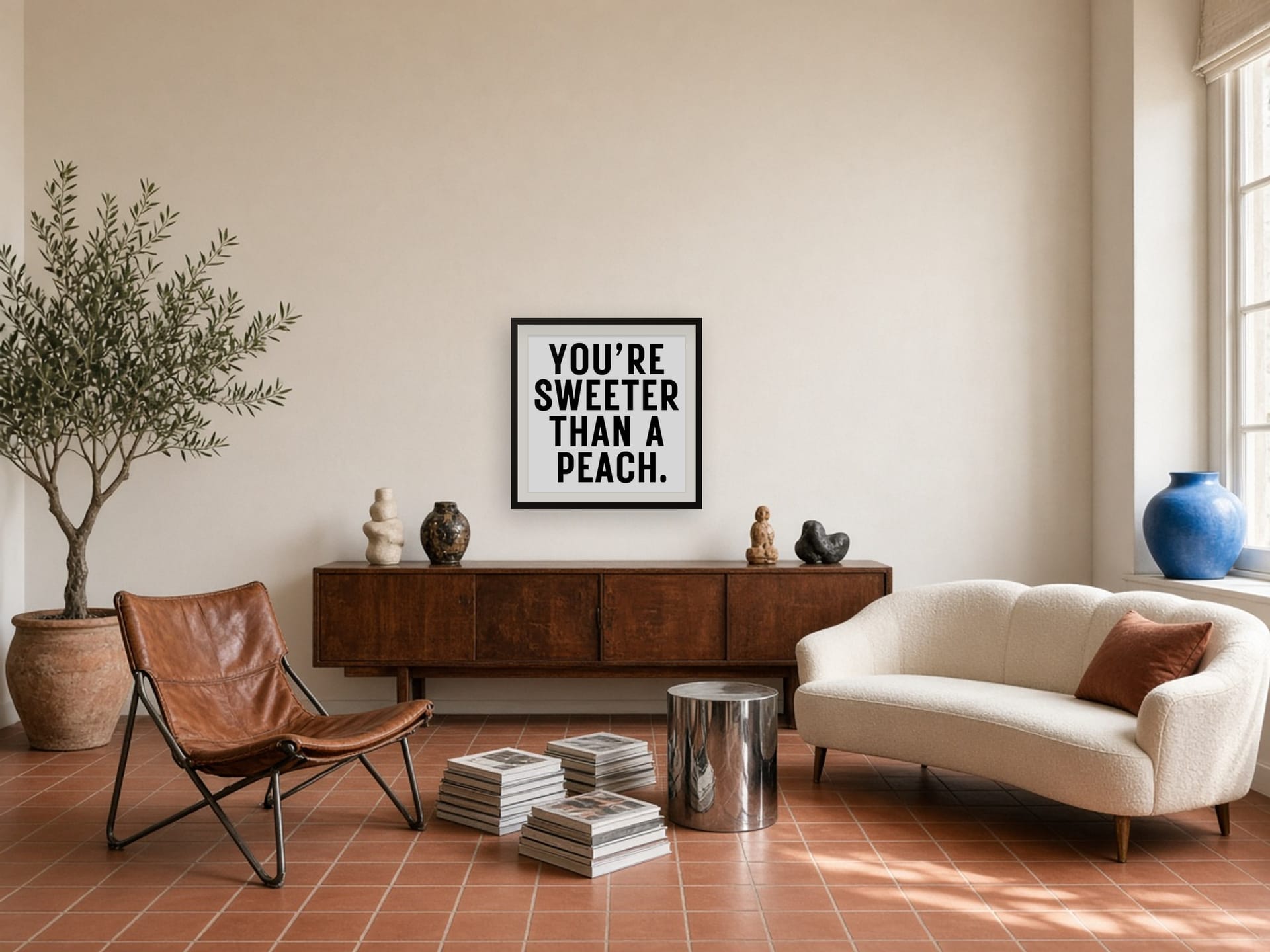 You’re Sweeter Than A Peach framed print above a dark wood credenza in an eclectic Los Angeles living room with terracotta floors and an olive tree.